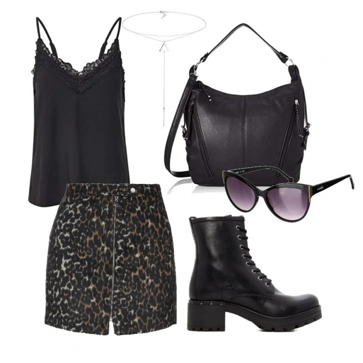 Outfit mujer - Punk rock. Estilo Rock para Todos los días. Combinación con top, collana, borsa a tracolla nero, botines, gafas de sol, gonna.