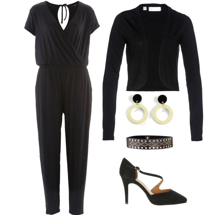 Outfit donna - Nero sempre elegante. Stile Bon Ton per Serata fuori. Abbinamento con tute, bolero, cintura, orecchini, scarpe col tacco.