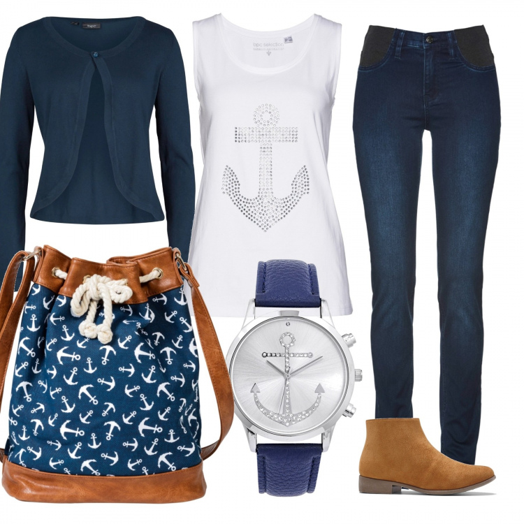 Outfit donna - Perfetta marinaia. Stile Urban per Tutti i giorni. Abbinamento con jeans, bolero, top, stivaletti, borse a spalla, orologi.