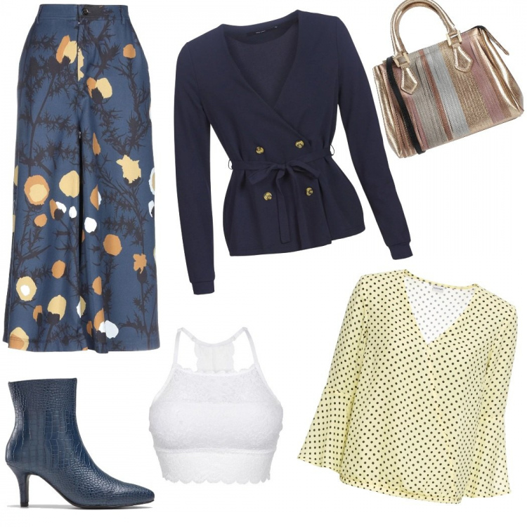 Outfit donna - Blu e giallo. Stile Basic per Tutti i giorni. Abbinamento con reggiseni, stivaletti, camicia, pantalone lungo, borse a mano, blazer.
