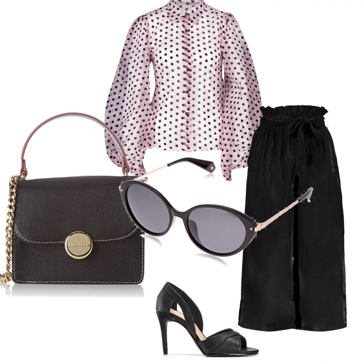 Outfit donna - Trendy #16659. Stile Trendy per Serata fuori. Abbinamento con décolleté, camicia, pantalone a palazzo, borsa a tracolla con manico nero, occhiali da sole.