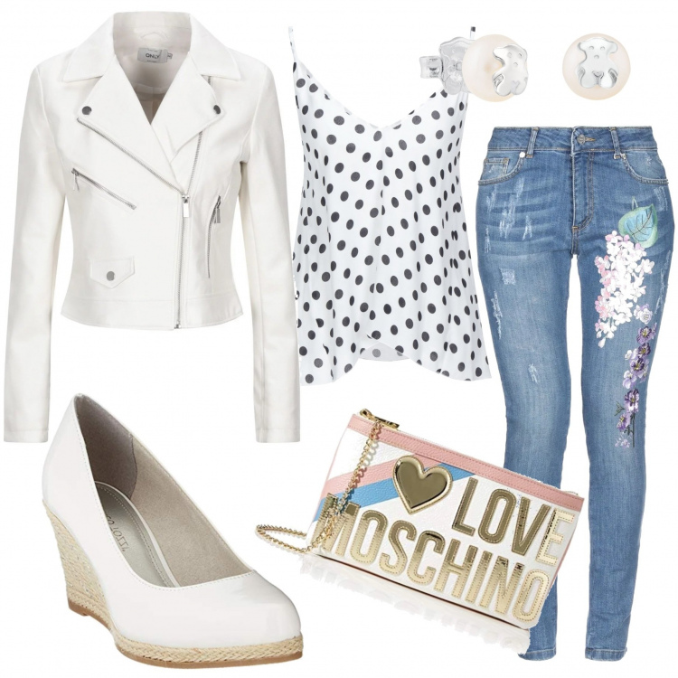 Outfit mujer - Linares en Blanco. Estilo Chic para Todos los días. Combinación con zapatos de tacón bianco, borsa a tracolla bianco, abrigos, vaqueros, top, pendientes.
