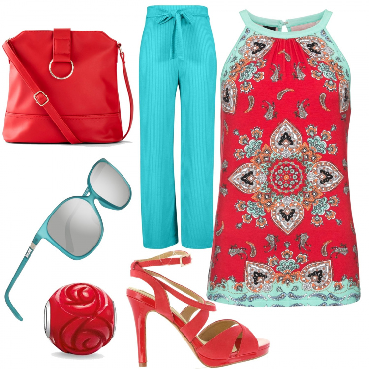 Outfit donna - Rosso e celeste. Stile Basic per Tutti i giorni. Abbinamento con top, borse a tracolla, pantalone wide leg azzurro, orologi, sandali, occhiali da sole.