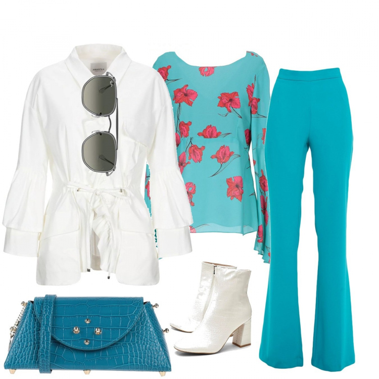 Outfit donna - La blusa turchesi. Stile Trendy per Tutti i giorni. Abbinamento con blusa, pantaloni, borse a spalla, cappotti, stivali, occhiali da sole unisex-adulto blu e verde.