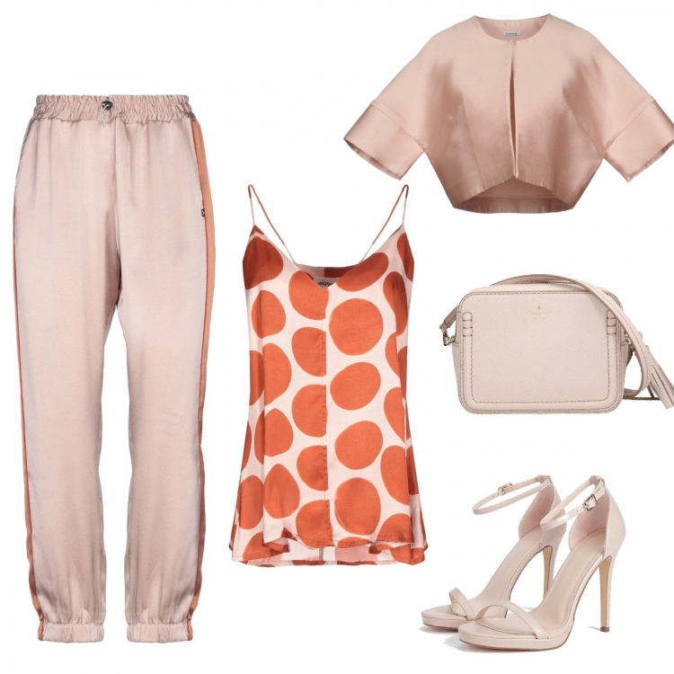 Outfit donna - Pois. Stile Chic per Serata fuori. Abbinamento con top, pantalone lungo, blazer, scarpe col tacco, borse a spalla.