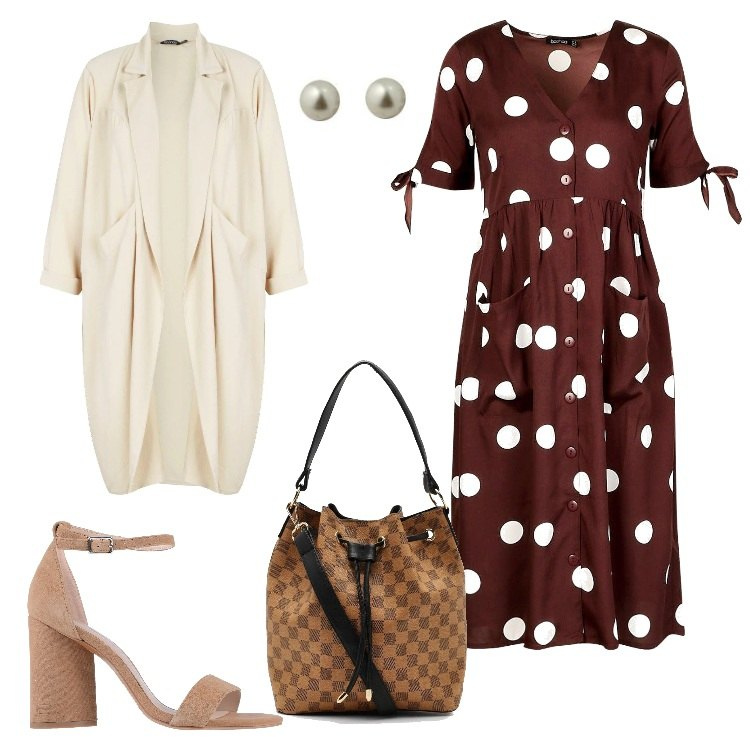 Outfit donna - Vestito longuette a pois. Stile Bon Ton per Ufficio. Abbinamento con sandali con tacco, vestito longuette/midi, cappello fantasia floreale marrone, cappotto, orecchini.