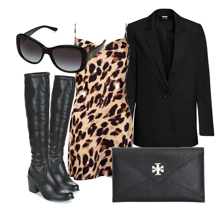 Outfit donna - Irina Shayk look. Stile Trendy per Tutti i giorni. Abbinamento con blazer, vestiti corti, pochette, stivali, occhiali da sole.