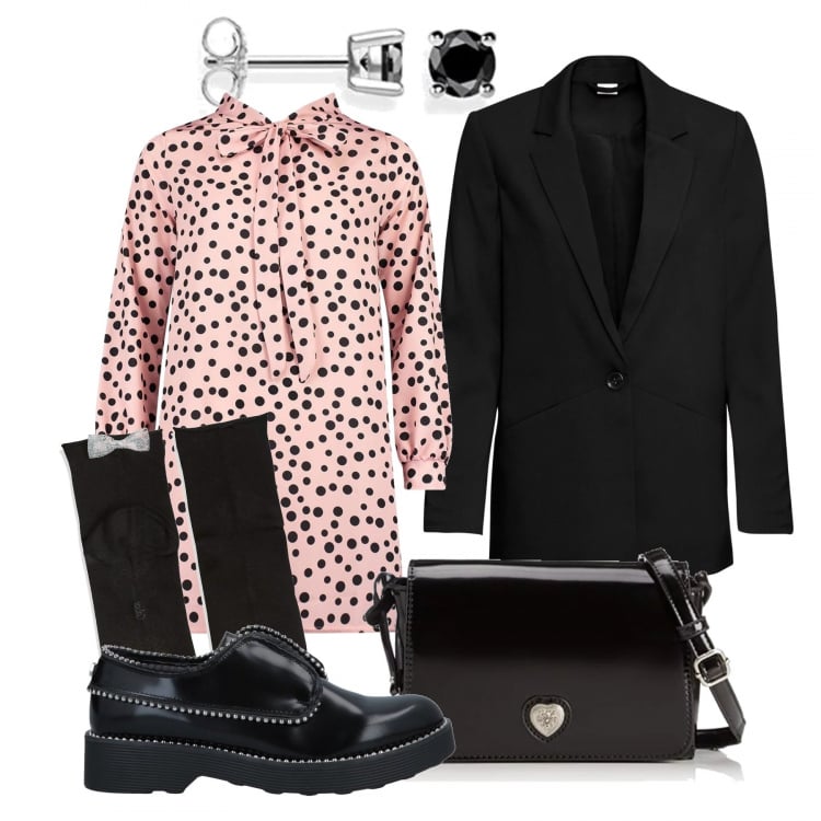 Outfit donna - Stringata e giacca maschile. Stile Trendy per Tutti i giorni. Abbinamento con blazer, mocassini, vestito, calzini, borse a tracolla, orecchini.