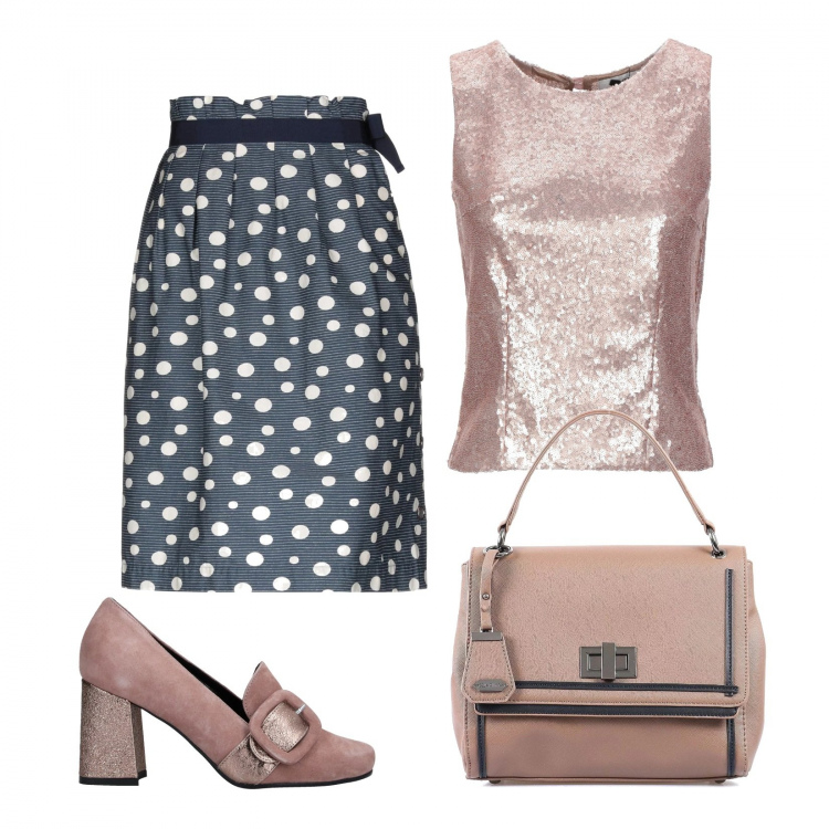 Outfit donna - La gonna a pois. Stile Chic per Cerimonia. Abbinamento con gonne longuette, top, mocassini, borsa a mano.