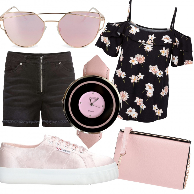 Outfit donna - Flower, black &pink. Stile Trendy per Tutti i giorni. Abbinamento con top, shorts, sneakers, borsa a tracolla, orologio analogico, occhiali da sole.