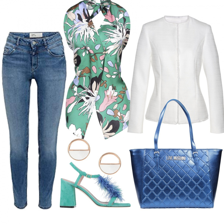 Outfit donna - Origami. Stile Chic per Serata fuori. Abbinamento con blazer, top, sandali, borse a mano, orecchini, jeans skinny.