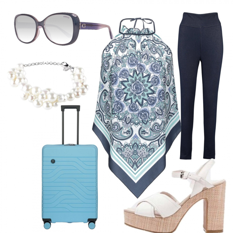 Outfit donna - Direzione spagna. Stile Bon Ton per Tutti i giorni. Abbinamento con top, braccialetti, jeggings, sandali con tacco, valigia rigido blu, occhiali da sole.