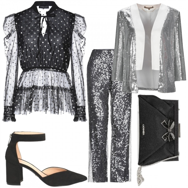 Outfit donna - Serata stravagante a pois. Stile Trendy per Serata fuori. Abbinamento con bluse, pantaloni, blazer, pochette, scarpa col tacco.
