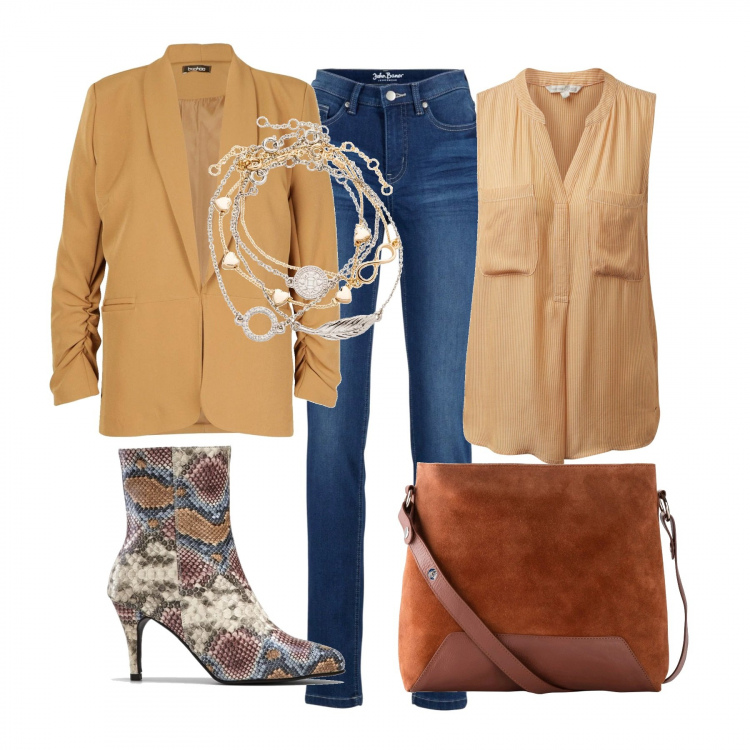 Outfit donna - Trendy #16686. Stile Trendy per Ufficio. Abbinamento con braccialetti con ciondoli, jeans slim fit, stivaletti, giacche, blazer, canottiera in denim giallo e bianco.