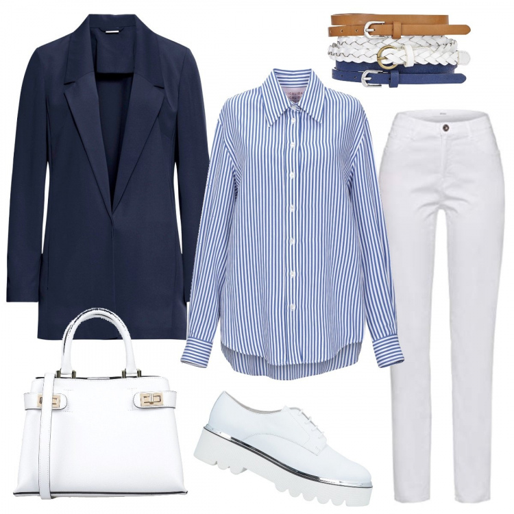 Outfit donna - Intramontabile bianco e blu. Stile Basic per Tutti i giorni. Abbinamento con blazer, cinture, zeppe, camicia, borsa a mano, pantaloni.