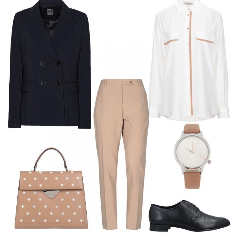 Outfit donna - Stringata+Giacca Maschile. Stile Bon Ton per Ufficio. Abbinamento con borsa a mano, camicie, scarpe stringate, orologi, pantaloni, blazer.