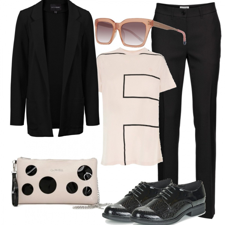 Outfit donna - Basic #9961. Stile Basic per Tutti i giorni. Abbinamento con pantaloni, blazer, camicia a maniche corte, scarpe stringate, pochette, occhiali da sole.