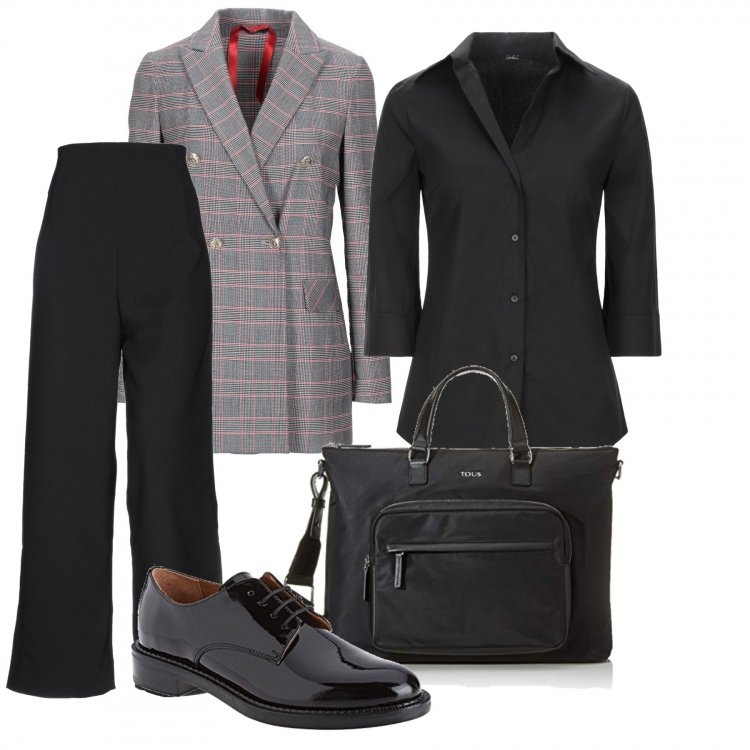 Outfit mujer - Ejecutiva de libro. Estilo Trendy para Oficina. Combinación con portacomputer messenger, scarpe derby, camicia, blazers, pantalones.