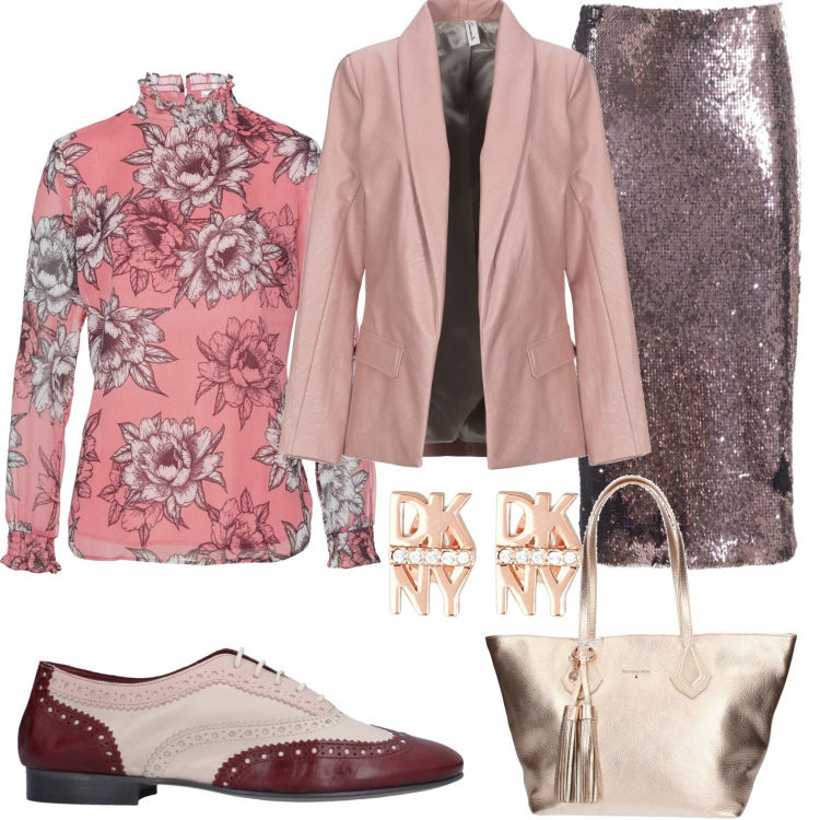Outfit donna - The boss in rosa. Stile Chic per Ufficio. Abbinamento con bluse, orecchini, blazer, scarpe stringate, shopping bag, gonna.