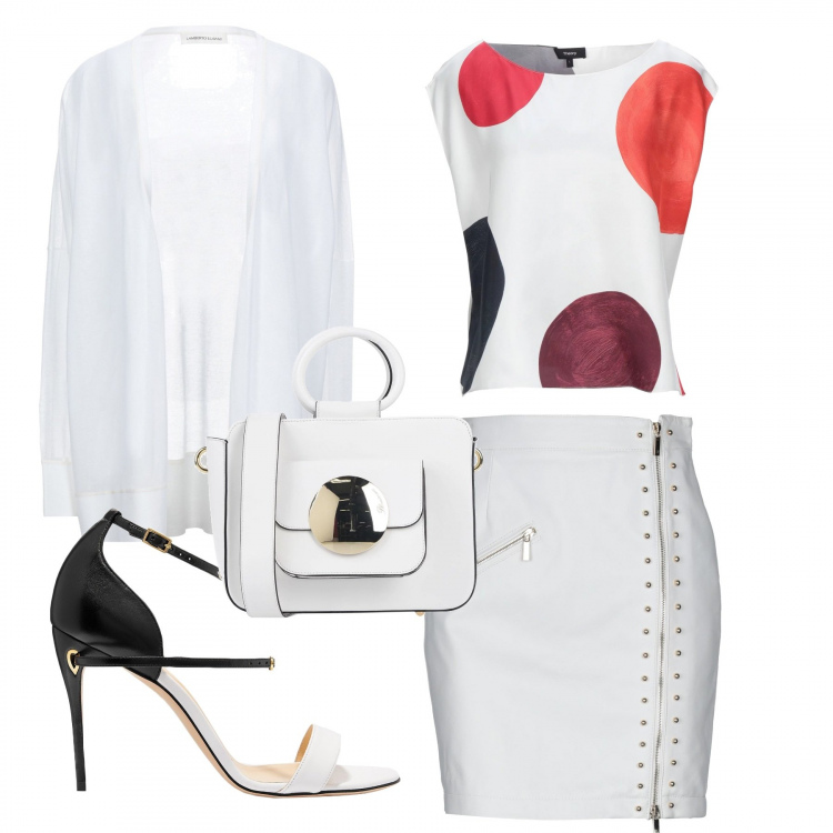 Outfit mujer - Cumpleaños blanco. para Noche/Fiesta elegante. Combinación con minifaldas, top in raso multicolore, sandalias de tacón, prendas de punto, bolsos de mano.