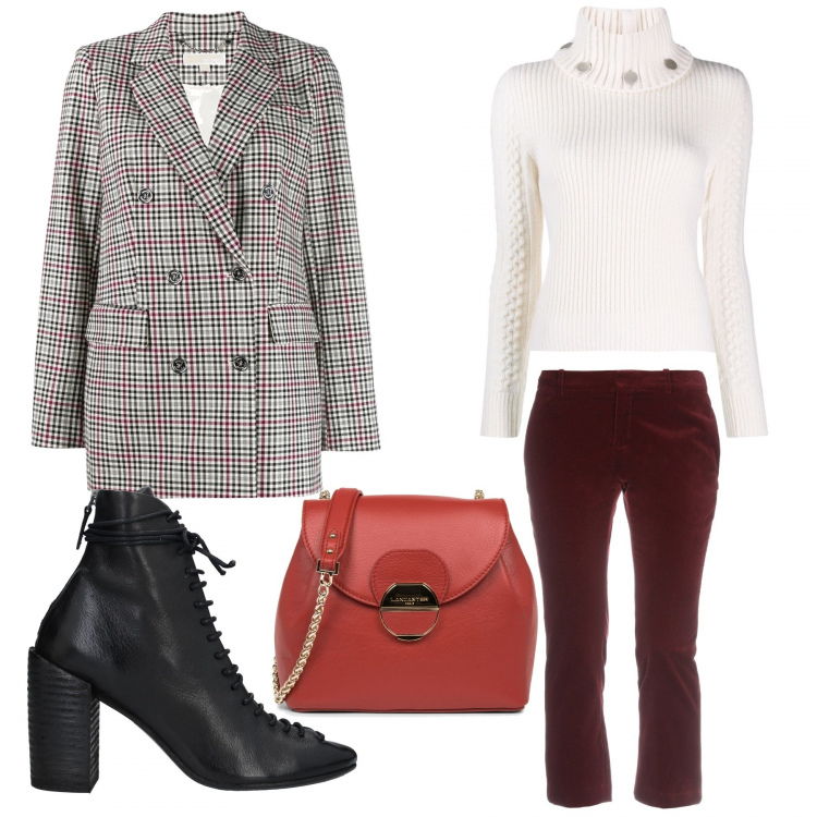 Outfit femme - Veste masculine et chaussures à lacet. Style Tendance pour Bureau. Assortir avec sacs à bandoulière et portés à l'épaule, pulls et cardigans, pantalons longs, blazers, bottines.