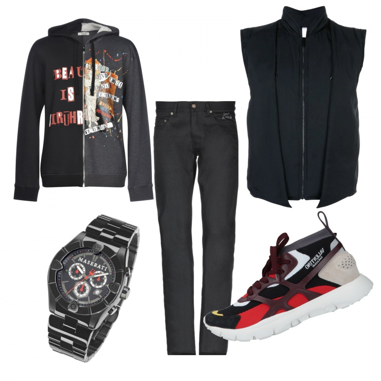 Outfit uomo - Orologio Maserati. Stile Trendy per Tutti i giorni. Abbinamento con gilet, jeans slim fit, felpa con cappuccio, sneakers, orologio.