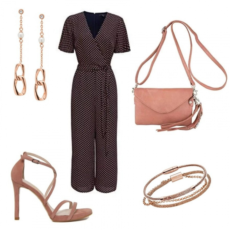 Outfit mujer - Little Dots. Estilo Chic para Ceremonia. Combinación con cintura blu, bangle rosa, clutch rosa, zapatos de tacón, pulseras, pendientes.