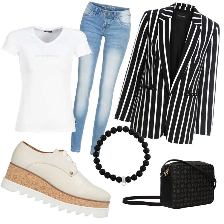 Outfit donna - Casual e trendy!. Stile Trendy per Serata fuori. Abbinamento con blazer, jeans skinny, scarpe stringate, borse a spalla, t-shirt, braccialetti.