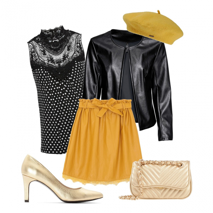 Outfit femme - Mode frenchy des pois et de la dentelle. Style Chic pour Bureau. Assortir avec hauts, vestes, blazers et manteaux, minijupes, chaussures à talons, chapeaux, sacs à l'épaule.