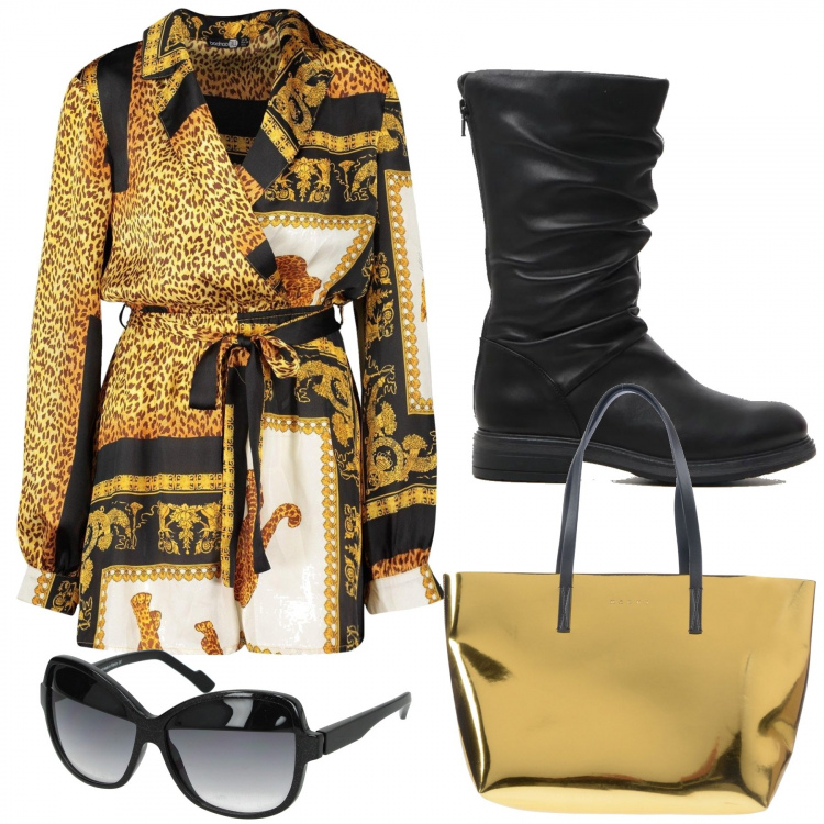 Outfit donna - Shopping time. Stile Trendy per Tutti i giorni. Abbinamento con borsa a spalla, jumpsuit, occhiali da sole, stivali.