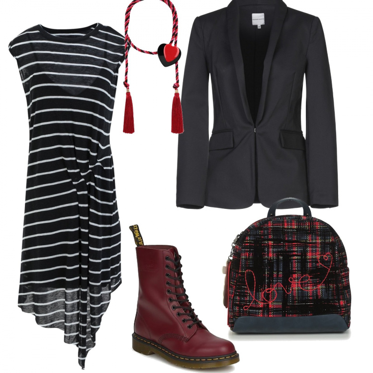 Outfit mujer - Urban #7927. Estilo Urban para Todos los días. Combinación con zaino mini, botines, vestito jersey, giacca, collares.