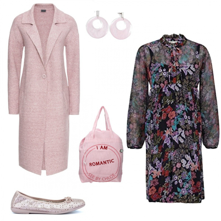 Outfit donna - Passeggiata pomeridiana. Stile Basic per Tutti i giorni. look ideale per Premaman. Abbinamento con cappotti, orecchini, borse a mano, ballerine, vestiti.