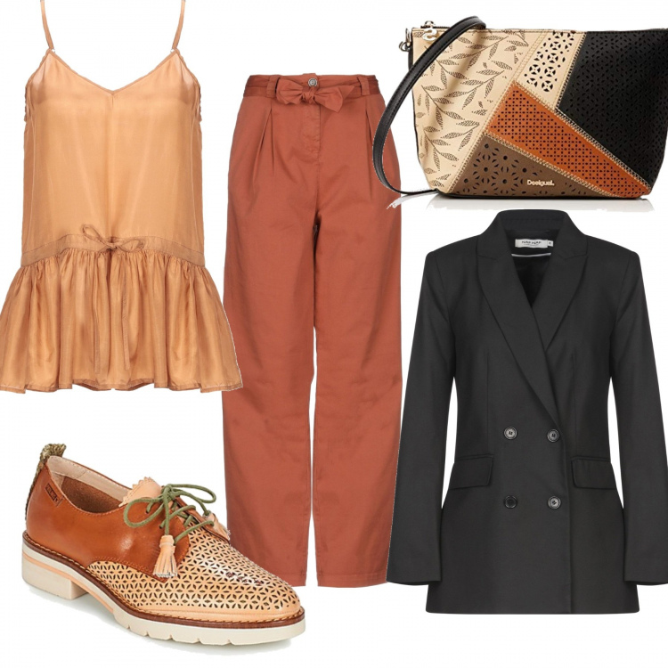 Outfit mujer - Masculino. Estilo Trendy para Todos los días. Combinación con bolsos de hombro, zapatos con cordones, blazers, pantalone, top.
