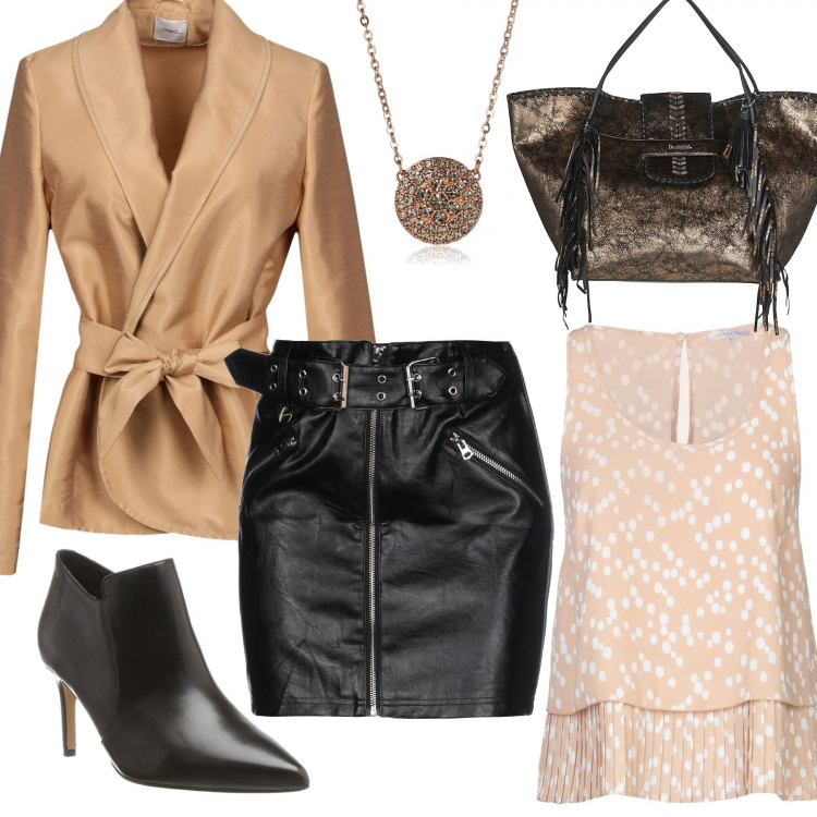 Outfit mujer - Rock and sweet. Estilo Rock para Noche/Fiesta elegante. Combinación con botas y anfibios in pelle nero, collana, borsa a tracolla oro, minifaldas, top, giacca shantung.