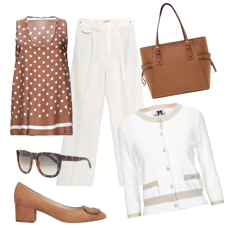 Outfit femme - ♡Châtains Doux et Chic ♡. Style Tendance pour Bureau. Assortir avec pulls et cardigans, tops et blouses, pantalon , escarpins, sac cabas, lunettes de soleil et montures pour lunettes de vue.