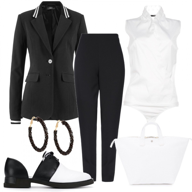 Outfit donna - Richiami maschili. Stile Trendy per Ufficio. Abbinamento con blazer, top, orecchini, pantalone lungo, mocassini, borse a mano.