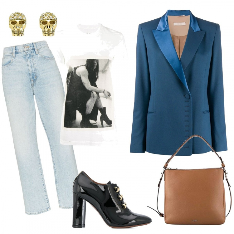 Outfit femme - Tendance #16787. Style Tendance pour Bureau. Assortir avec shoppers et shopping bags, blazers, mocassins et chaussures à lacets, boucles d'oreilles, jeans, t-shirts et polos.
