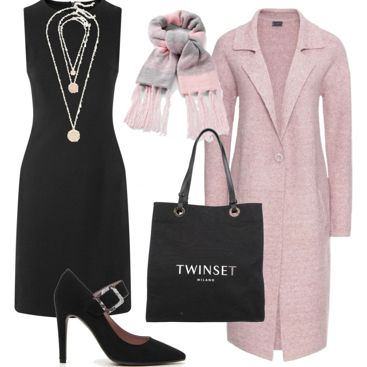 Outfit donna - Bon ton in ufficio. Stile Bon Ton per Ufficio. Abbinamento con cappotti, ciondoli, sciarpa melange con frange rosa e grigio, borsa a mano, vestiti midi/longuette, décolleté.