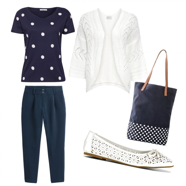 Outfit femme - Pois et dentelles. Style Basique pour Tous les jours. Assortir avec ballerines, pulls et cardigans, sacs à bandoulière et portés à l'épaule, pantalons longs, t-shirt.