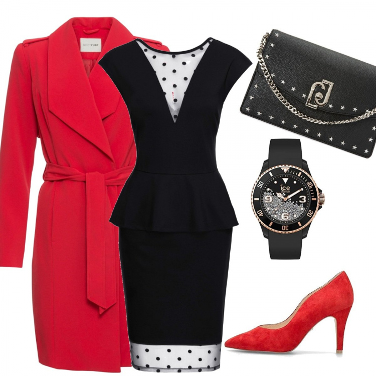 Outfit femme - Chic a pois. Style Bon Ton pour Soirée dehors. Assortir avec robes longues, vestes, blazers et manteaux, chaussures à talons, montres analogiques, sacs à bandoulière et portés à l'épaule.