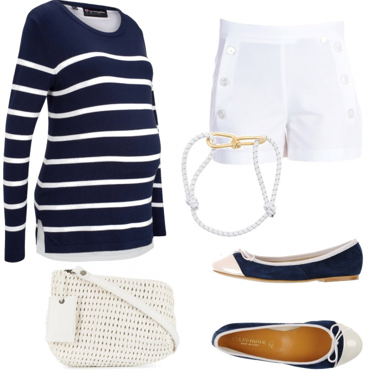 Outfit donna - Tutti al mare!!. Stile Urban per Tutti i giorni. look ideale per Premaman. Abbinamento con maglieria, shorts, ballerine, borse a spalla, braccialetto.