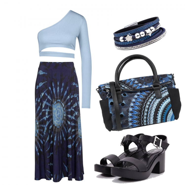 Outfit donna - Passeggiata al mare. Stile Trendy per Mare. Abbinamento con gonne, braccialetti, borsa a tracolla, sandali in pelle, top.