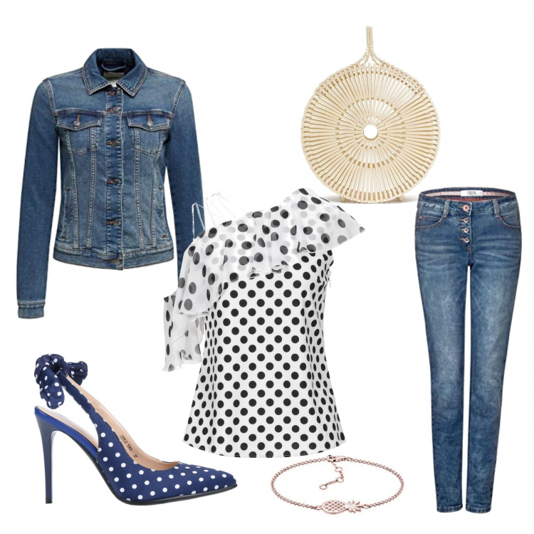 Outfit femme - Les pois.... Style Tendance pour Tous les jours. Assortir avec tops et blouses, chaussures à talon, jeans, vestes, blazers et manteaux, sacs à main, bracelets.