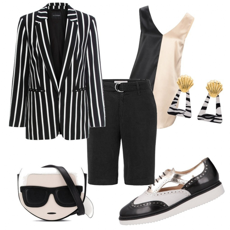 Outfit femme - Black and White dandy. Style Tendance pour Soirée dehors. Assortir avec blazers, pantalons courts et shorts, chaussures à lacets, tops et blouses, sacs en bandoulière, boucles d'oreilles.