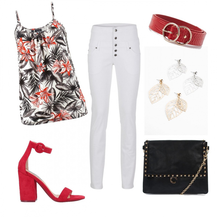 Outfit donna - La blusa fantasia. Stile Chic per Tutti i giorni. Abbinamento con top, pantaloni skinny, orecchini, sandali col tacco, cinture, borsa.