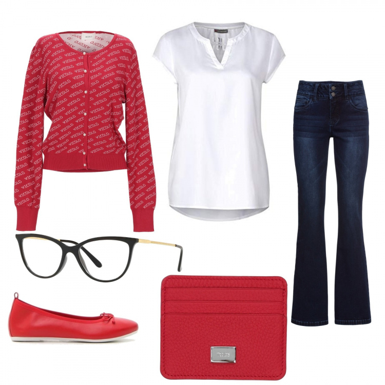 Outfit donna - Videocall dal mio giardino. Stile Basic per Ufficio. Abbinamento con jeans bootcut, cardigan, occhiali, portafogli, ballerine, camicia.