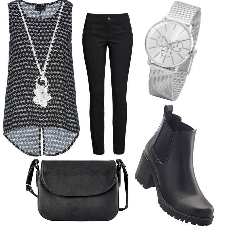 Outfit donna - Nero che passione. Stile Trendy per Tutti i giorni. Abbinamento con stivaletti chelsea, top, collana, cardigans, borse a tracolla, pantaloni skinny.