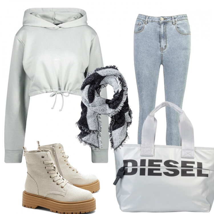 Outfit donna - Basic #10080. Stile Basic per Tutti i giorni. Abbinamento con sciarpe, borse a mano, felpa con cappuccio verde, stivaletti, jeans skinny premaman effetto strappato vita alta in denim con spille azzurro.