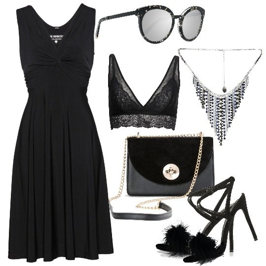 Outfit donna - Chic #9171. Stile Chic per Serata fuori. Abbinamento con vestiti, reggiseno, vestiti lunghi, scarpe col tacco, collana, occhiali da sole.