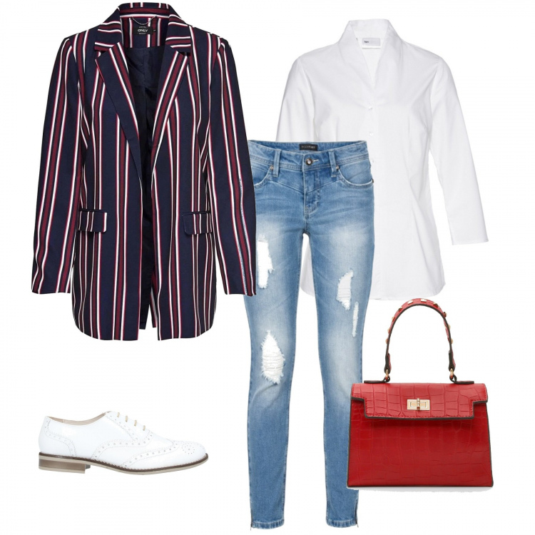 Outfit donna - Stringate e giacca. Stile Urban per Ufficio. Abbinamento con camicie, jeans strappati, scarpe stringate, borsa tote, blazer.
